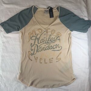 Harley-Davidson Cream Ribbed Shirt with Sage Trim